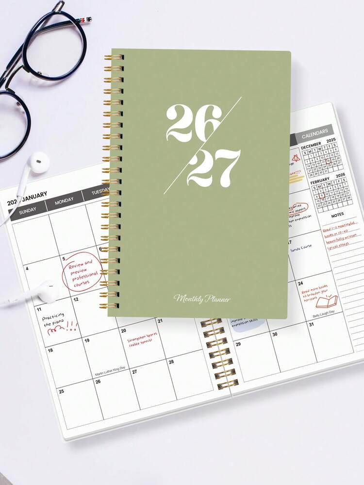BUBU 1pc 2026-2027 Weekly & Monthly Planner Notebook, Spiral Bound Daily Schedule Academic Appointment Book, Productivity Organizer For Home, School And Office, A5 Size, Back To School Supplies - Green - View 2