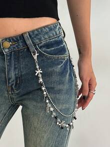 1pc Y2K Fashion Beaded Butterfly & Star Pendant Chain Belt, Simple & Elegant Acrylic Pearl Curved Needle Chain Street Style Accessory - Multicolor - View 9