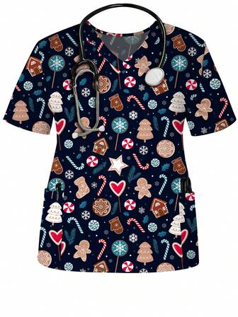 Blusa de tela de punto con estampado navideño de pan de jengibre para profesionales de la salud, de cuello en V, manga corta regular, talla grande