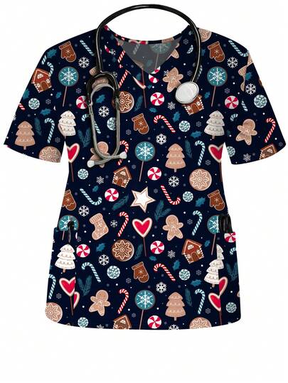 Plus Size Gingerbread Christmas Holiday Print Scrub Top V-Neck Short Regular Sleeve Knitted Fabric For Healthcare Professionals