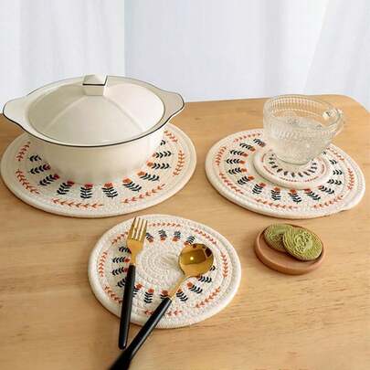 1pc Round Woven Heat Insulation Mat, Heat Resistant Non-Slip Washable Woven Cotton Placemat With Lovely Floral Print - Ideal For Cups, Bowls, Planters