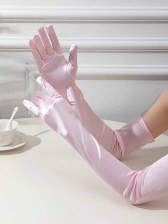 1 Pair, Ladies' Pink, Black, And Red Satin Long Gloves; Wedding And Ball Gown Gloves; Stage Performance Accessories; Party Attire; Elegant Formal Gloves.