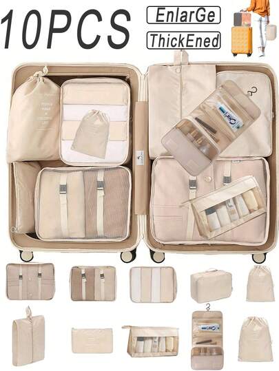 10 件套旅行收纳袋套装，便携式行李整理袋，大容量防水收纳袋，适用于衣物、鞋子、化妆品、配饰，节省空间的旅行压缩袋，邮轮必需品，节日必需品，旅行配件，房间装饰，大学宿舍必备品，秋季装饰，卧室装饰