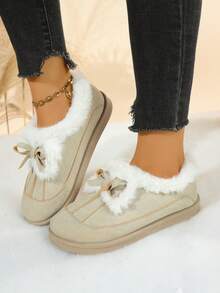 Bottes de cheville d'hiver pour femmes, douces et chaudes, doublées de thermique. Décor mignon avec nœud, tige  semelle épaisse confortable et antidérapante. Bottes de neige casual - Beige - Voir 4