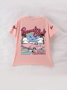 女童卡通汽车沙滩印花圆领T恤，夏季休闲柔软上衣 - 粉色 - 查看 2