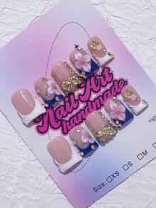 10片/套 手工鸭嘴美甲贴片，Y2K 酷炫风格，裸色和蓝色法式边，花卉图案，闪粉美甲，适合派对、婚礼、日常佩戴，包含美甲工具，是送给女性和女孩的绝佳礼物，美甲用品 - Follow Your Heart - 查看 2