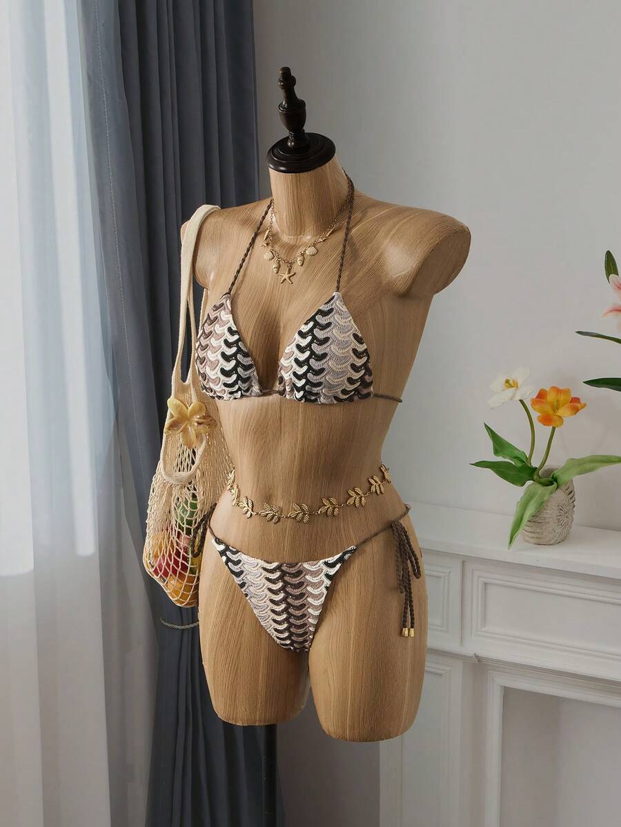 Bellisia Women All-Over Print Halter Twist Front Split Bikini Set For Summer Beach Vacation - Brown - View 1