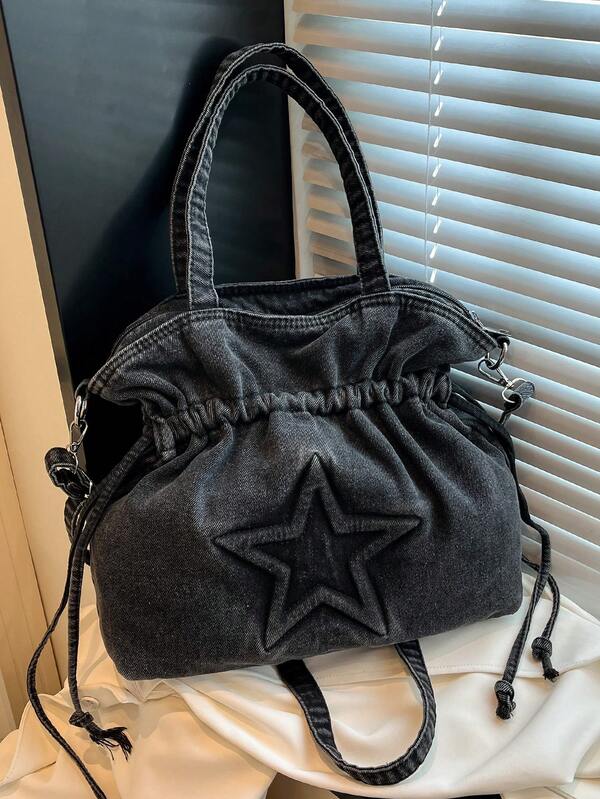 Neue modische lässige einfarbige Washed Jeans Kordelzug Stern Muster Schultertasche, geeignet für Pendeln, Einkaufen, Schule, großes Fassungsvermögen, keine Tragetasche