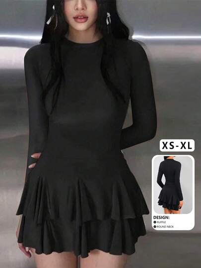 Vestido mini de manga larga con diseño de volantes asimétricos y multicapa, nuevo para otoño/invierno, vestidos de fiesta para mujeres