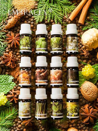 EMBRACEX. 22 sorters eteriska oljor, 10 ml rosmarinolja, sandelträolja, inklusive kanel, rökelse, pepparmynta, citrongräs, eukalyptus, ingefära, tea tree, patchouli, cederträ, vit mysk, malört, citronella, svartpeppar, oregano, anis, bergamott, neroli, jasmin, kryddnejlika, muskatellsalviaolja, 100 % ren naturlig, lämplig för aromaterapidiffusor, ljustillverkning, luftfräschare, presenter till män och kvinnor, även för luftfräschning i bilen, lädervård