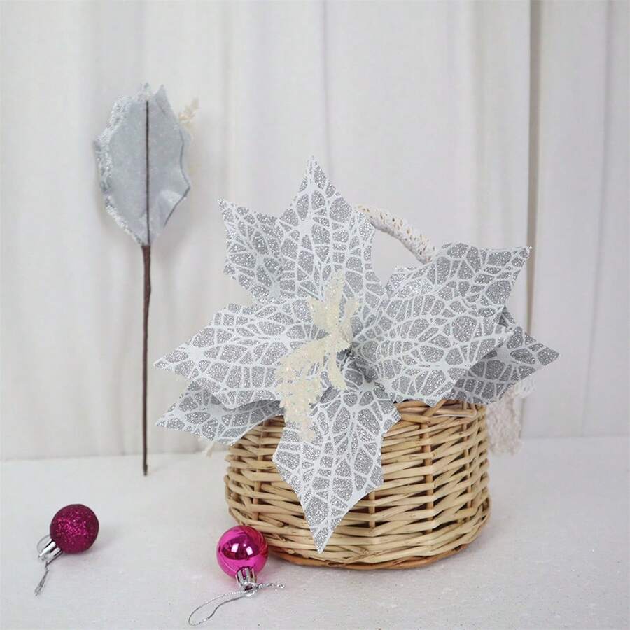Christmas Artificial Flower, Shiny Colorful Tree Topper Stem Home Decor Party Favor - Silver - View 1