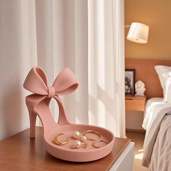 Stojak na biżuterię na obcasie, drukowany w 3D, 1 szt. - Elegancka tacka na biżuterię w kształcie buta z ozdobną kokardką, stojak na pierścionki i funkcja przechowywania, różowy dodatek na biurko z kokardką, odpowiedni do toaletki, garderoby, biurka - Plastikowy prezent dla kobiet (kompatybilny z tackami na biżuterię), ekspozycja pierścionków, tacka na akcesoria, tacka dekoracyjna, tacka do przechowywania biżuterii.