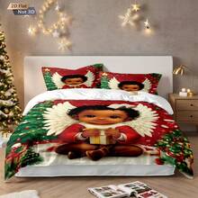 3 PiecesChristmas-Themed Quilt Set,(1 Set +2 Pillowcases, No Core) Printed With The Image Of A Black Cherub With White Wings, Surrounded By Christmas Trees, Christmas Socks, Stars And Other Elements, Suitable For Your Sleep All Year Round. Comfortable Experience