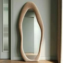 Full Length Mirror, 63" X 24" Wall Mirror, Flannel Wrapped Wooden Frame Floor Mirror, Irregular Wavy Mirror Hanging Or Leaning Against Wall For Cloakroom/Bedroom/Living Room, Milk Tea,24331391 - 淺灰紫 - 查看 2