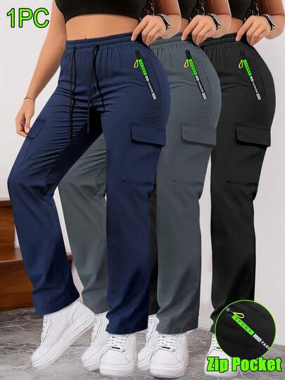 Damen Frühling/Herbst Cargohose mit Reißverschlusstaschen, modisches Design mit großen Taschen und Kordelzug Gummibund, lässige Outdoor/Alltagshose