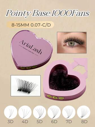 每盒 1000 个扇形睫毛 3D/4D/5D/6D/7D/8D 浓密睫毛 0.07 毫米薄 C 卷，8-15 毫米长度预制扇形睫毛 - 手工制作散装扇形睫毛，适用于专业睫毛延长