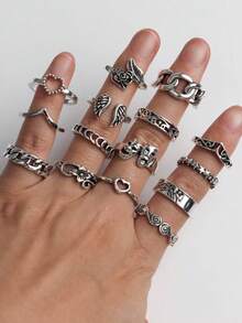 20枚/套 复古优雅波西米亚风人造石戒指，休闲派对礼物，男女日常珠宝配饰 - 20個朋克風戒指混搭 - 查看 7