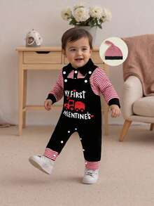 Conjunto de 3 piezas para bebé niño con motivo de San Valentín: mono con solapa a rayas, mono con bordado de letras y gorro. Ropa bonita para festivales, mezcla de algodón suave, de 0 a 12 meses, ideal para sesiones de fotos de San Valentín y reuniones familiares. - Negro - Ver 1
