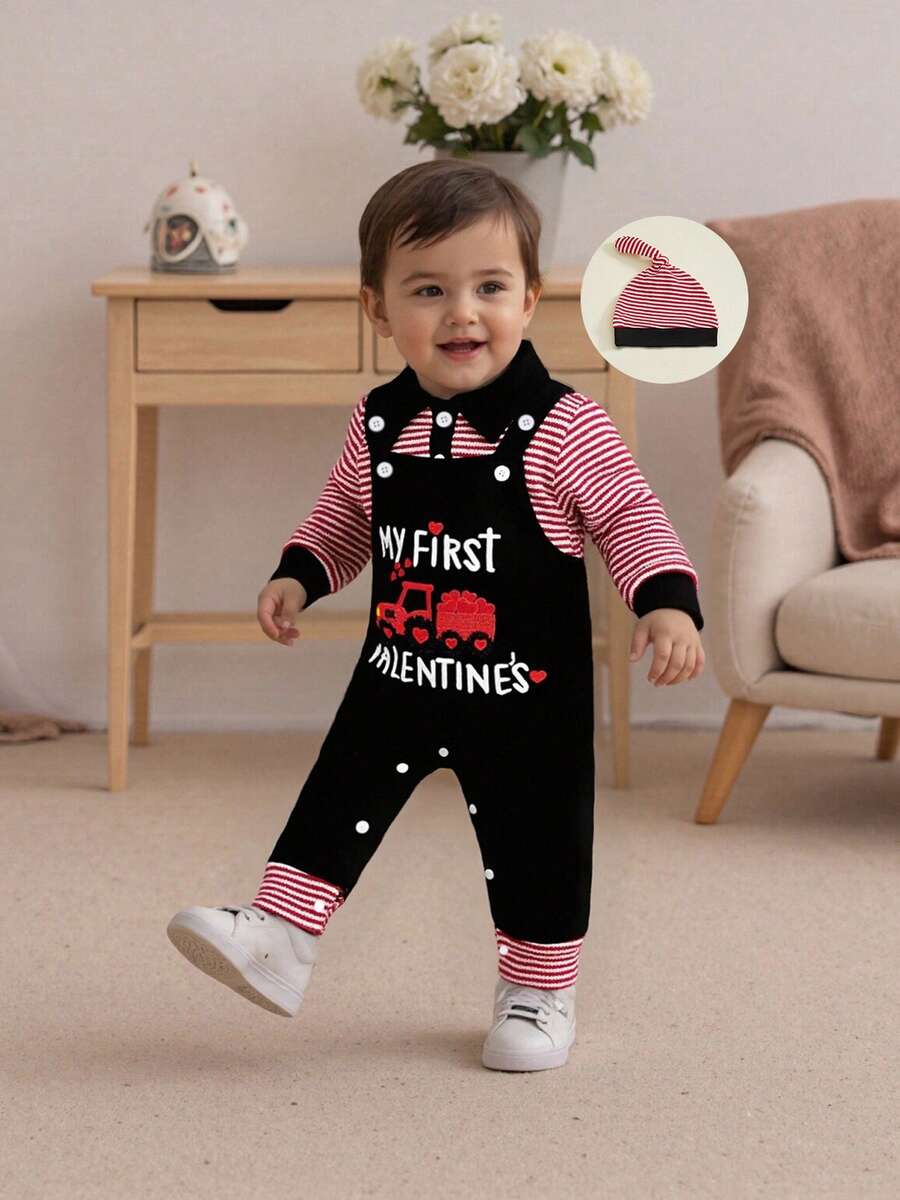 Conjunto de 3 piezas para bebé niño con motivo de San Valentín: mono con solapa a rayas, mono con bordado de letras y gorro. Ropa bonita para festivales, mezcla de algodón suave, de 0 a 12 meses, ideal para sesiones de fotos de San Valentín y reuniones familiares. - Negro - Ver 1