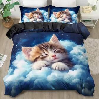 3pcs Cute Cat Pattern Bedding Set, Includes 1 Duvet Cover And 2 Pillow Shams (Comforter Not Included). Suitable For Bedroom And Guest Room, Available In Multiple Sizes, 100% Polyester Fabric, Machine Washable.