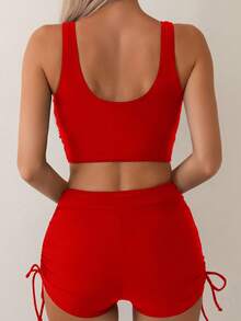 Conjunto De Tankini De Espalda Cruzada Descubierta De Unicolor, Para Playa En Verano,Bikini,Traje De Baño 2 Piezas,Trajes De Baño Mujer Dos Piezas,Trajes De Baño Mujer - Rojo - Ver 3