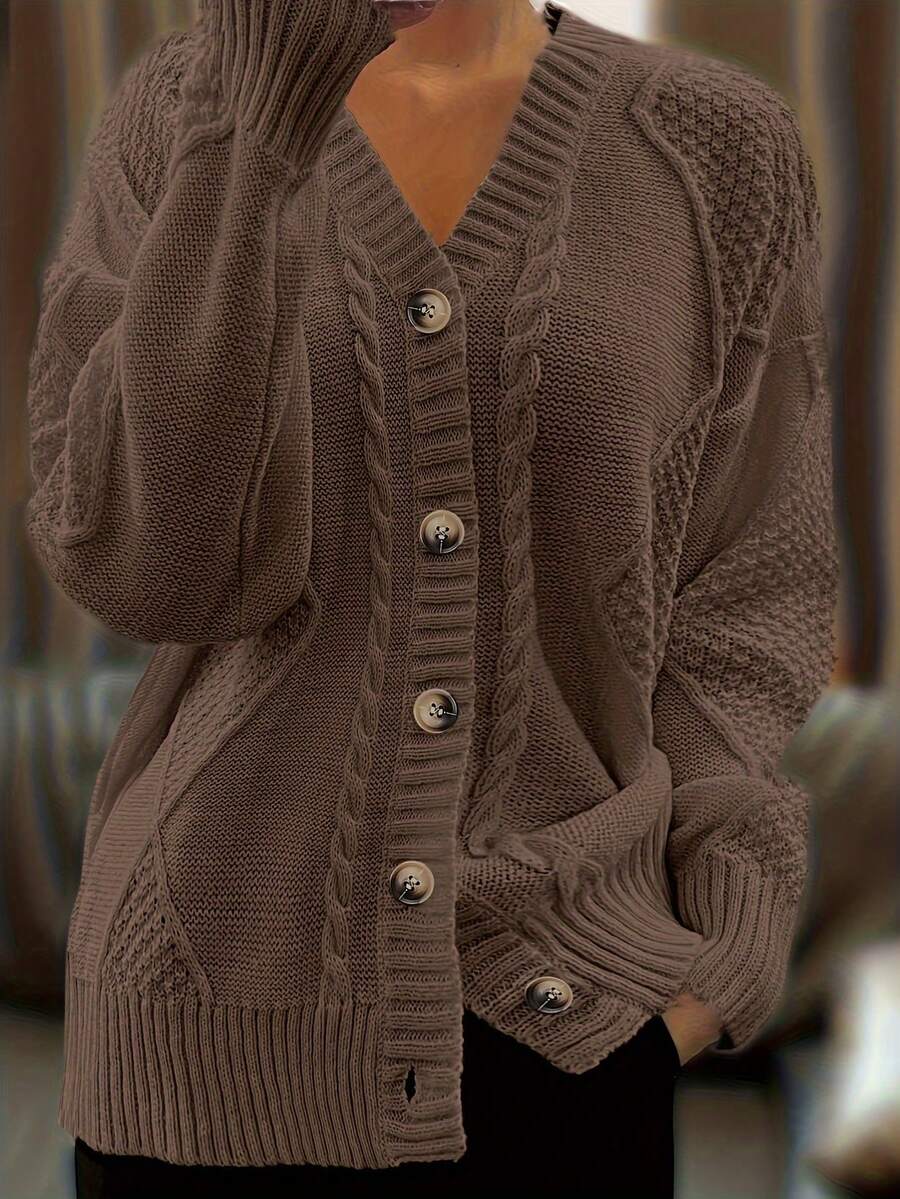 Women's V-Neck Cardigan A Loose-Fit Long-Sleeve Style With Fried Noodle Pattern & Retro Button Design. This Machine-Washable Casual Winter Outerwear Is Suitable For Office And Daily Outfits. - 棕色 - 查看 1
