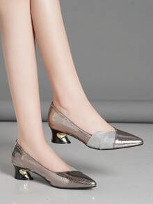 Comfortable & Fashionable High Heel Shoes With Rhinestones, Black, White, Silver, Brown, Work Shoes, Pointed Toe, Chunky Heel, Slip-On, Versatile Women Shoes, Spring/Autumn - Silver Gray - View 3