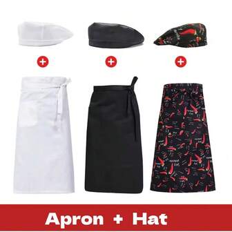 2Pcs Set Chef Cooking Apron & Hat Set - Unisex Kitchen Work Wear For Restaurant, Hotel, Bakery & Cafe