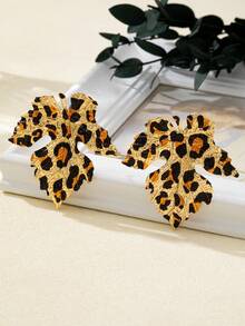 2pcs/Set Autumn Maple Leaf & Leopard Print Alloy Painted Earrings For Women - Multicolor - View 4