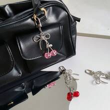 Ins Wind Cherry Bow Keychain, Pearl Bow Silver Peach Heart Shaped Girls Bag Pendant - 紅色掛繩 - 查看 6