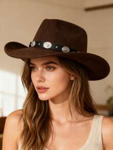 1pc Women's , Western Cowboy Solid Color Heart-Shaped Crown Rolled Brim Felt, Decorated With Silver Chain Circle, Suitable For Outdoor Party, Performance, Hiking, Unisex Versatile Style - Multicolor - View 12