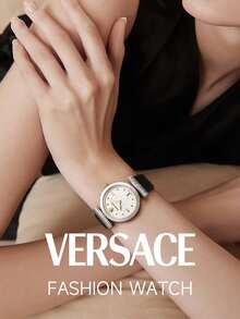 Versace Reloj de pulsera de cuarzo con correa de cuero elegante para mujer con caja de acero inoxidable para regalo de dama con esfera dorada - Negro - Ver 2