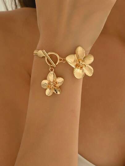 1pc Fashionable Versatile Gold 3D Flower Thick Snake Chain Bracelet, Elegant Women's Hand Jewelry Suitable For Daily Wear, Decoration, Outing And Photo Shoot