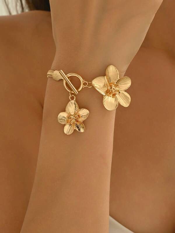 1pc Fashionable Versatile Gold 3D Flower Thick Snake Chain Bracelet, Elegant Women's Hand Jewelry Suitable For Daily Wear, Decoration, Outing And Photo Shoot
