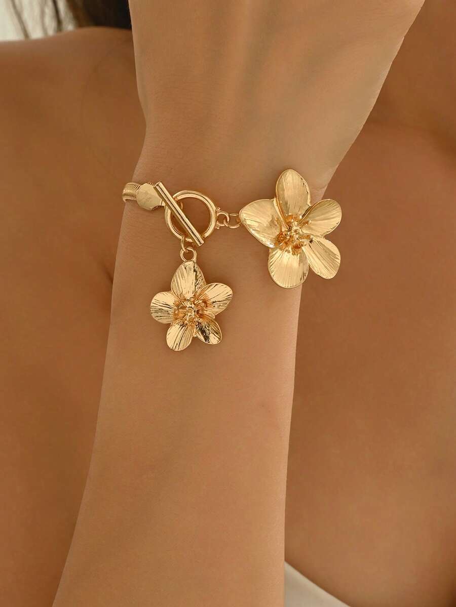 1 chiếc vòng tay chuỗi rắn dày họa tiết hoa 3D bằng vàng thời trang đa năng, trang sức đeo tay thanh lịch dành cho nữ, thích hợp để đeo hàng ngày, trang trí, đi chơi và chụp ảnh - Nhiều màu - Xem 1