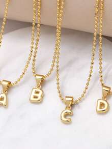 1Pc Fashion Retro Creative Shiny A-Z Initial Pendant Stainless Steel Bead Chain Gold Necklace For Boys And Girls Daily Casual Decorative Necklace Clavicle Chain - Gold - View 2