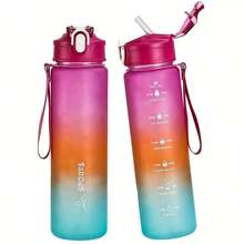 1 Stück 800ml robuste und strapazierfähige Outdoor Sport Lässig Wasserflasche mit Deckel und Strohhalm, Großvolumige Sport Wasserflasche mit Zeit-Volumen Skala, auslaufsichere Gradientenglas Fahrrad Wasserflasche mit Skala - leicht und strapazierfähig, geeignet für Outdoor Sport, Wandern, Fitness und Outdoor Aktivitäten, Klettern, Camping, Radfahren, geeignet als Schulgeschenk, Geburtstagsgeschenk, Halloween, Weihnachtsgeschenk