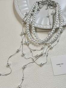 1 件优雅多层珍珠流苏长项链，时尚珠宝礼物，适合女士，适合宴会 - 白色 - 查看 3