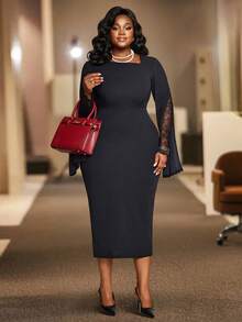 NOU 女式中长款蕾丝拼布连衣裙，不对称领口，收腰，修身，通勤舒适，休闲，优雅，浪漫，简约，适合办公室，日常穿着，春秋季 - 黑色 - 查看 5