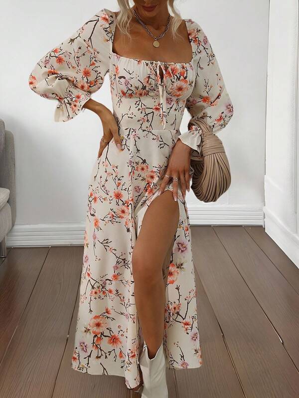 Vestidos Elegantes Con Estampado Floral Y Cuello Cuadrado Con abertura lateral,Vestidos Largos Mujer,Vestidos Casuales