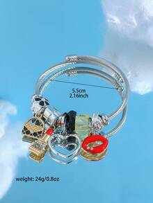 1pc Adjustable Titanium Steel Wire Bracelet With Heart-Shaped Lipstick Charm, Popular European And American Style - Silver - View 7