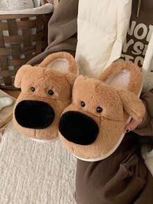 Chinelos de Algodão com Formato de Cachorro Fofo para Mulheres, Forro de Pelúcia Quente de Inverno, Sola Antiderrapante, Chinelos de Quarto