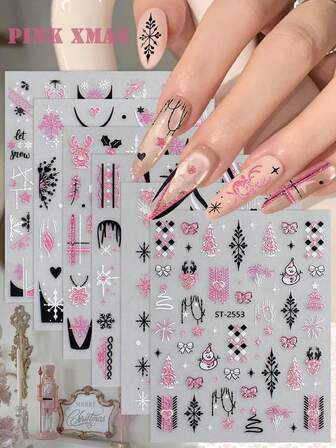 3/6 Sheets Pink Christmas Nail Art Stickers For Women, 3D Glitter Snowflake Reindeer Tree Nail Decals, Self Adhesive Winter Nail Stickers, Cute Pink Xmas Nail Decorations For DIY Holiday Manicure, Gel Acrylic Nail Supplies