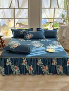 Bộ 3 váy giường (1 váy giường + 2 vỏ gối), họa tiết hoa, mềm mại và thân thiện với da, thích hợp cho phòng ngủ, mọi mùa - Màu xanh lam - Xem 5