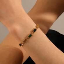 1 pieza Pulsera de mujer de acero inoxidable con cadena geométrica ovalada, en forma de lágrima y cuadrada, con piedras preciosas de colores incrustadas de manera micro