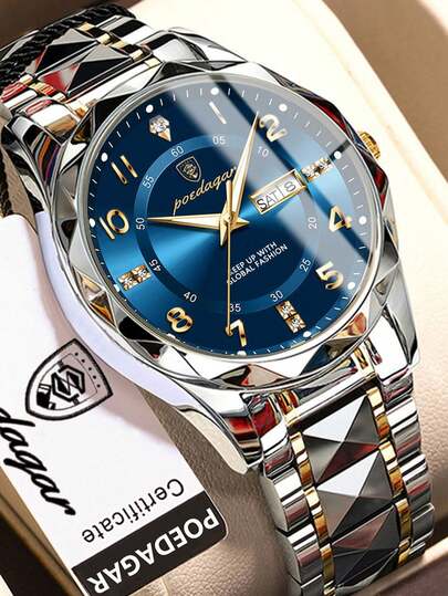 POEDAGAR 1 pieza Reloj de cuarzo de acero inoxidable con doble pantalla de fecha, reloj de pulsera luminoso y resistente al agua de lujo para hombres, reloj casual para hombres, adecuado para uso diario, regalo para hombres en días festivos