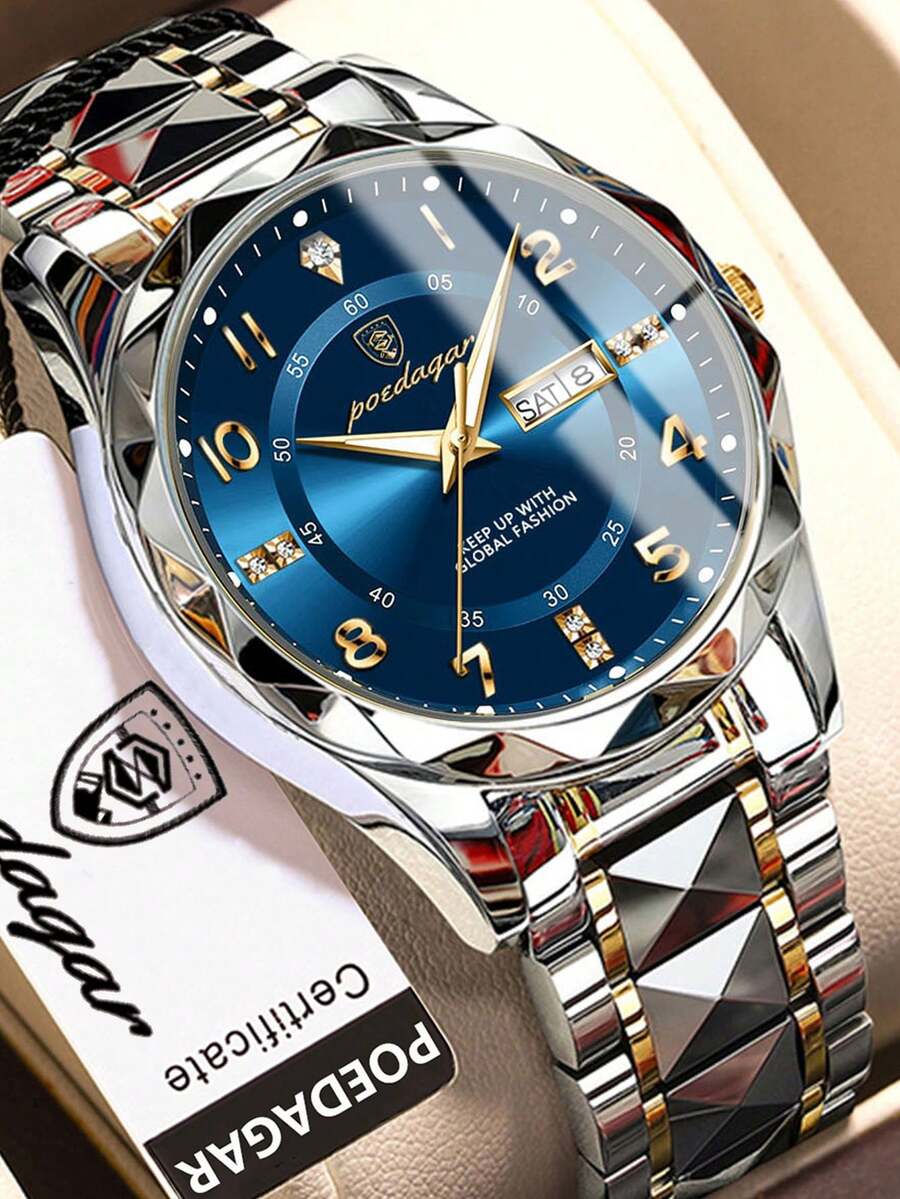 POEDAGAR 1枚不锈钢石英表，双日期显示，奢华防水夜光男士腕表，休闲男士腕表，适合日常佩戴，节日男士礼物