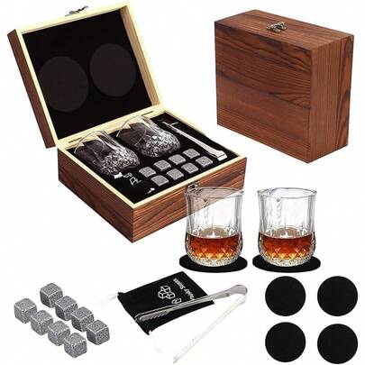 NANCHU Juego de Vasos para Whisky Set de Regalo con Whisky,Gift Set con 2 Vasos 6 Piezas de Piedra de Whisky y Bolsa, Pinzas de Acero Caja de Madera de Pino, para Cognac, Vodka, Bourbon,Cocktai (T-1)