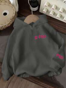Tween Girl Graphic Print Thermal Lined Sweatshirt, Warm & Comfortable For Autumn/Winter - Dark Grey - View 6