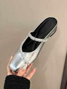 Women's Rhinestone Embellished T-Strap Flat Shoes, Versatile & Commuter-Friendly With Hidden Wedge Heel - Silver - View 12